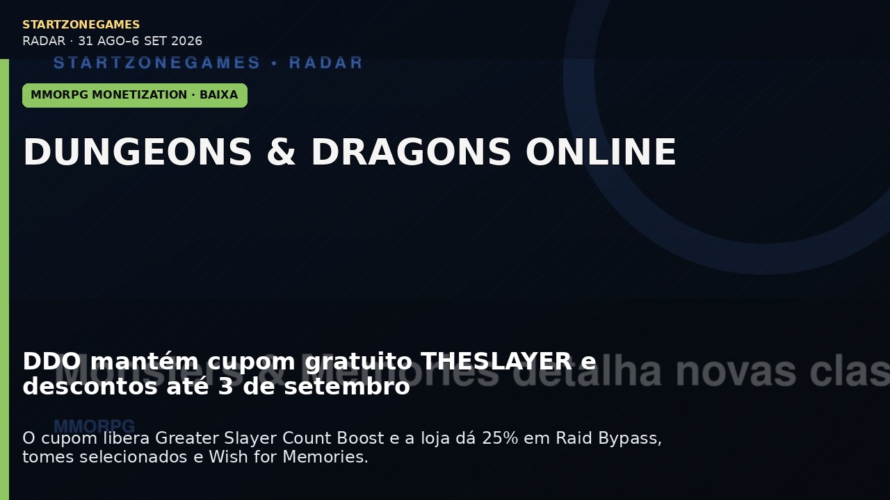 DDO mantém cupom gratuito THESLAYER e descontos até 3 de setembro